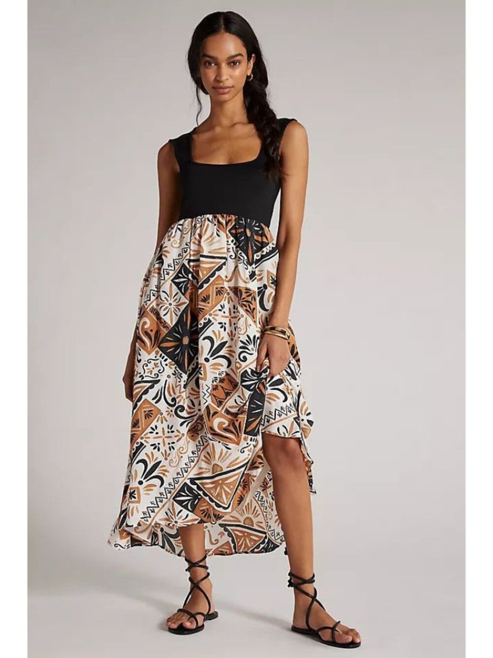 Anthropologie Women MP Twofer Maxi Dress Floral Printed Black Tan High Low Boho
